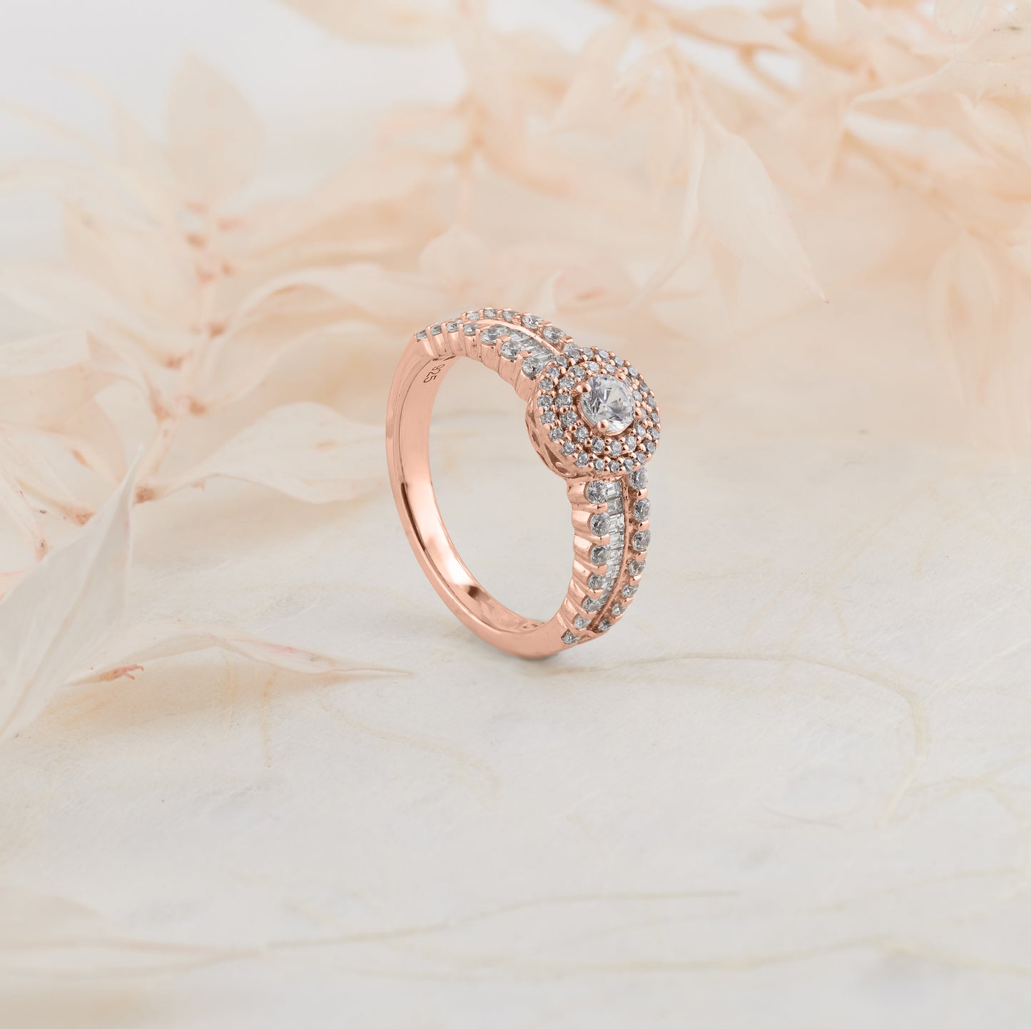18K Rose Gold Round Brilliant Diamond Double Halo Baguette Shoulders Engagement Ring 0.89tdw