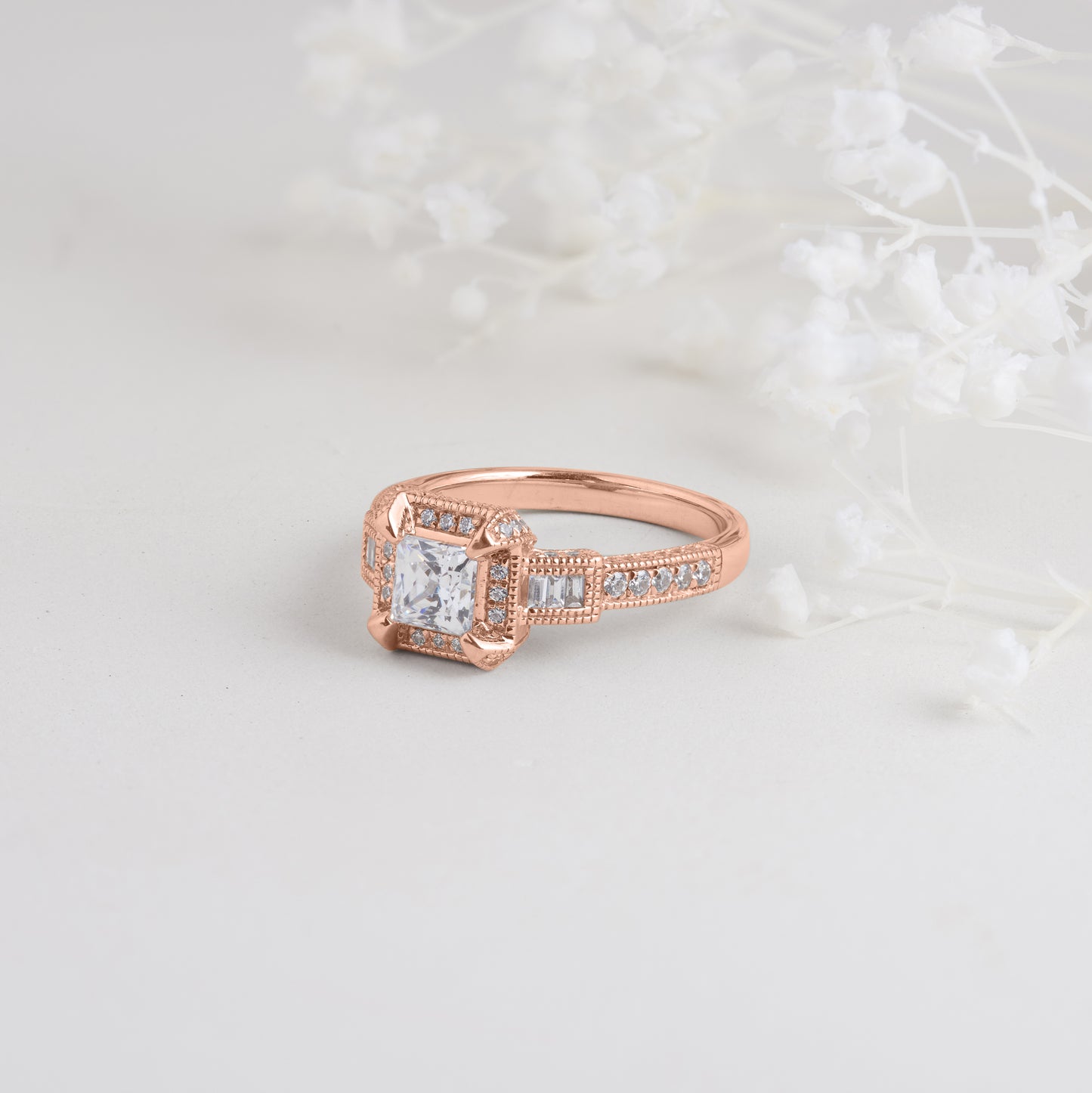 18K Rose Gold Princess Cut Diamond Art Deco Inspired Engagement Ring 1.35tdw