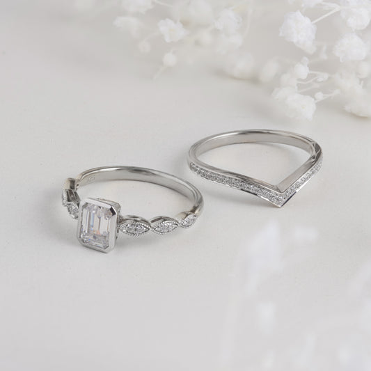 18K White Gold Emerald Cut Diamond Solitaire Bridal Set 1.2tdw