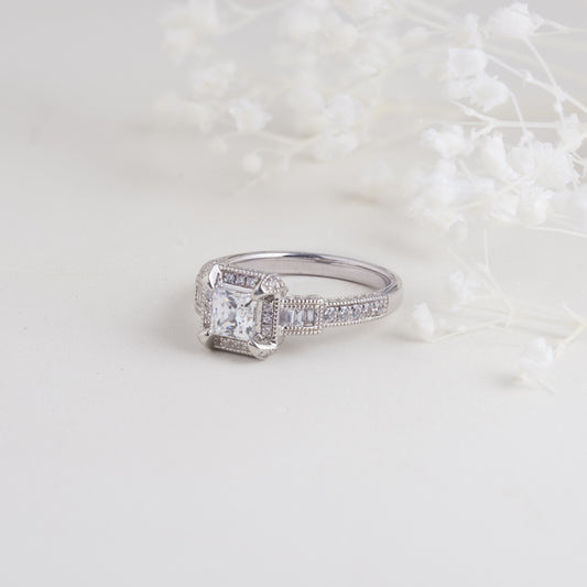 Platinum Princess Cut Diamond Art Deco Inspired Engagement Ring 1.35tdw
