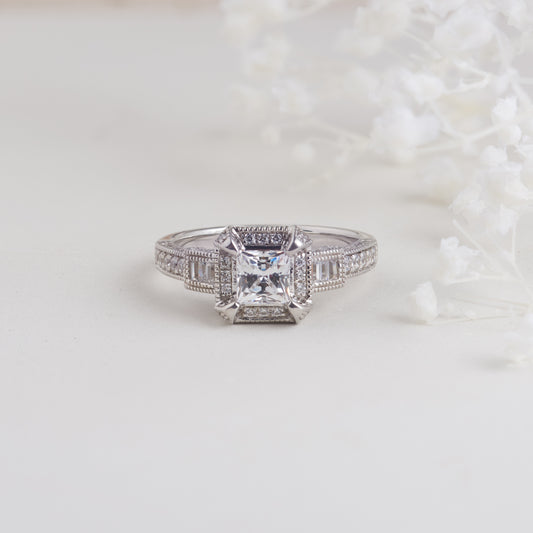 Platinum Princess Cut Diamond Art Deco Inspired Engagement Ring 1.35tdw
