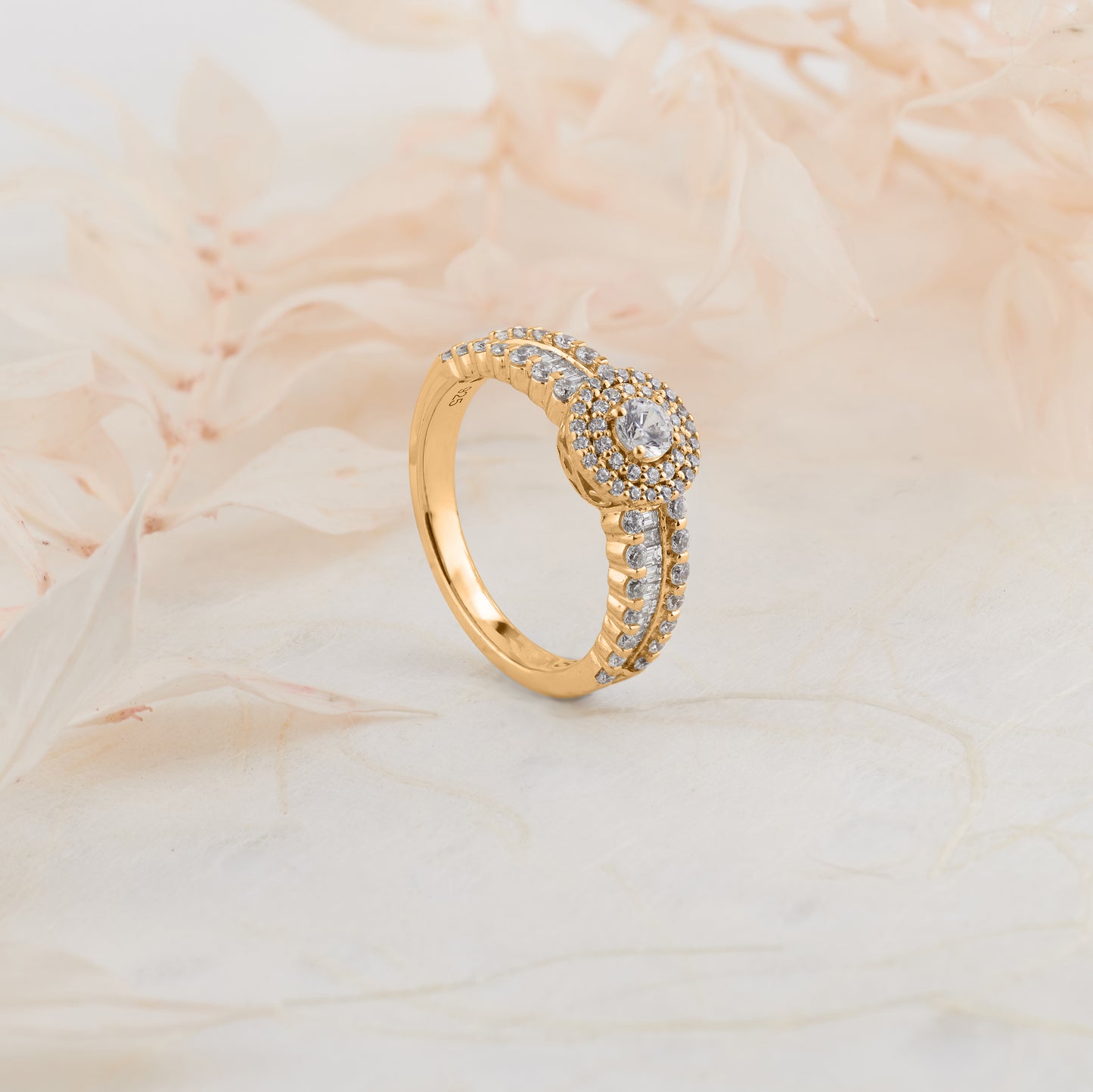 18K Yellow Gold Round Brilliant Diamond Double Halo Baguette Shoulders Engagement Ring 0.89tdw