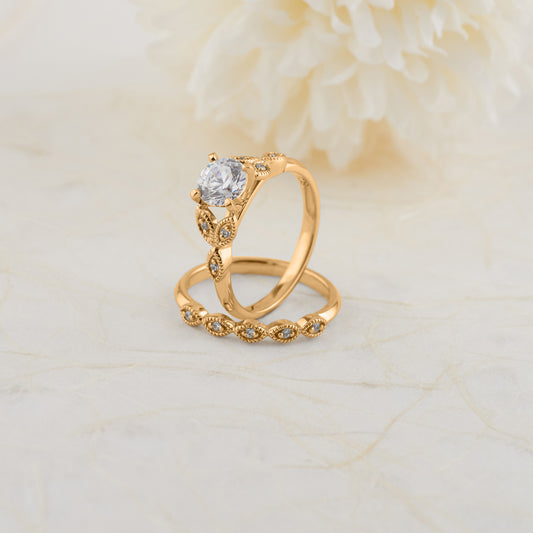 18K Yellow Gold Round Brilliant Diamond Vintage Inspired Bridal Set 1.08tdw