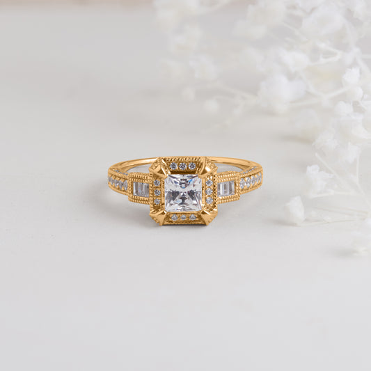 18K Yellow Gold Princess Cut Diamond Art Deco Inspired Engagement Ring 1.35tdw
