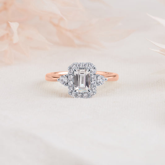 18K Rose Gold and Platinum Emerald Cut Diamond Halo Engagement Ring 1.19tdw