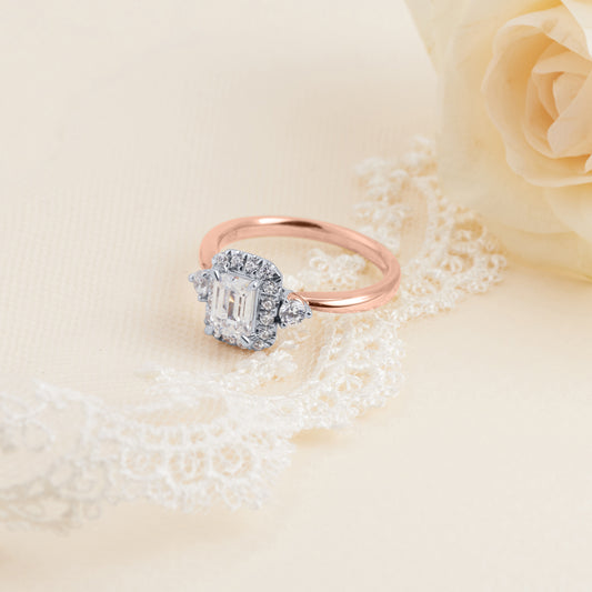 18K Rose Gold and Platinum Emerald Cut Diamond Halo Engagement Ring 1.19tdw