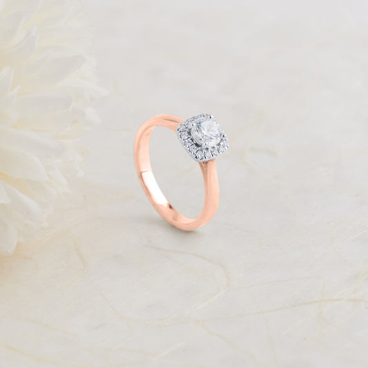 18K Rose Gold and Platinum Round Brilliant Diamond Halo Engagement Ring 0.73tdw