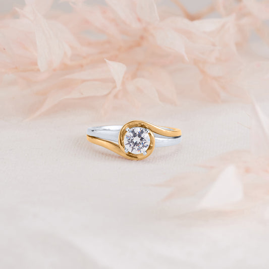 18K Yellow Gold and Platinum Round Brilliant Diamond Solitaire Swirl Engagement Ring 0.65tdw