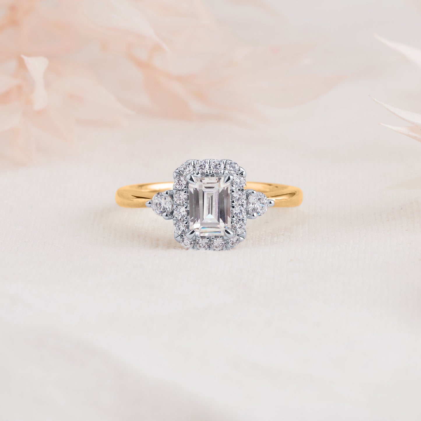 18K Yellow Gold and Platinum Emerald Cut Diamond Halo Engagement Ring 1.19tdw