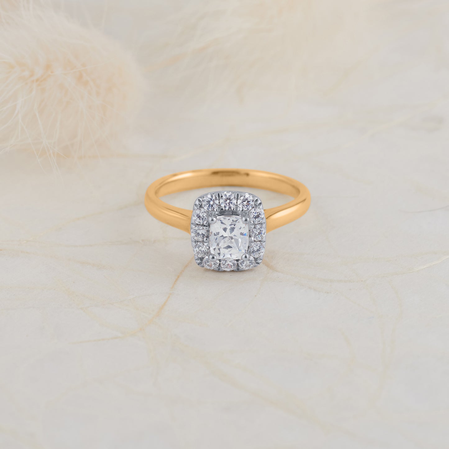 18K Yellow Gold and Platinum Cushion Diamond Halo Engagement Ring 1.1tdw