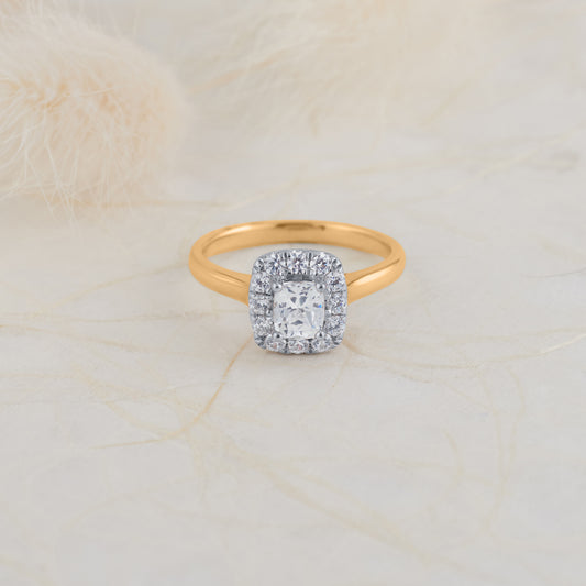 18K Yellow Gold and Platinum Cushion Diamond Halo Engagement Ring 1.1tdw