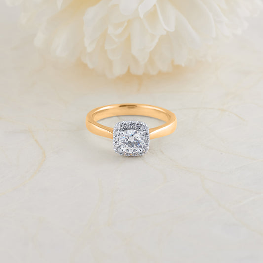 18K Yellow Gold and Platinum Round Brilliant Diamond Halo Engagement Ring 0.73tdw