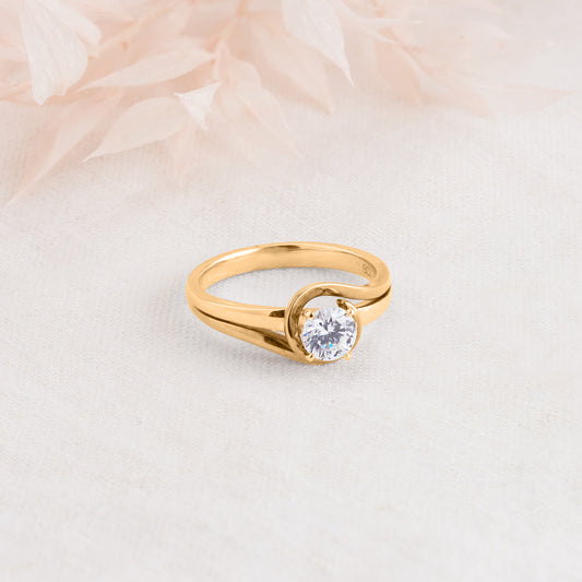 18K Yellow Gold Round Brilliant Diamond Solitaire Swirl Engagement Ring 0.65tdw