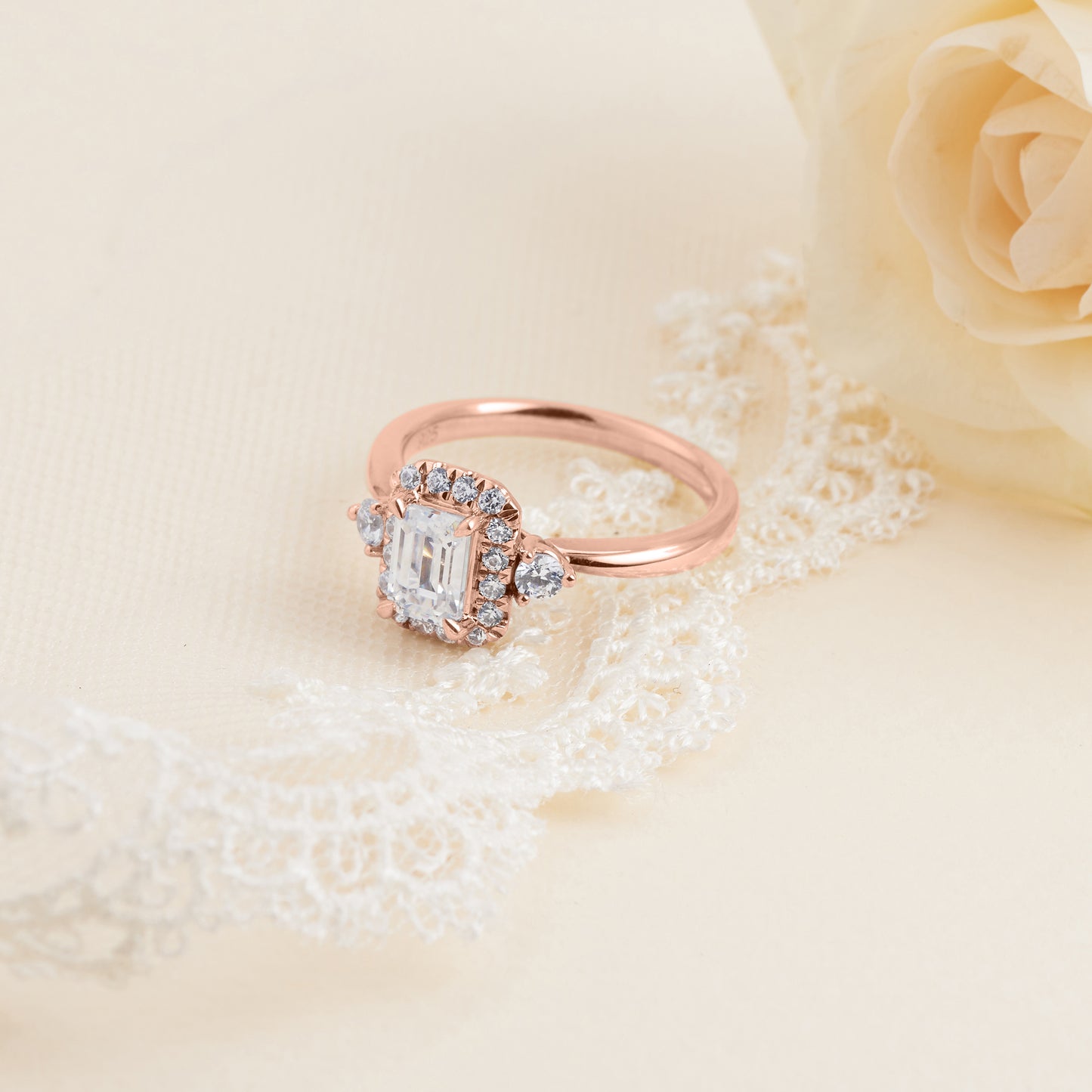 18K Rose Gold Emerald Cut Diamond Halo Engagement Ring 1.19tdw