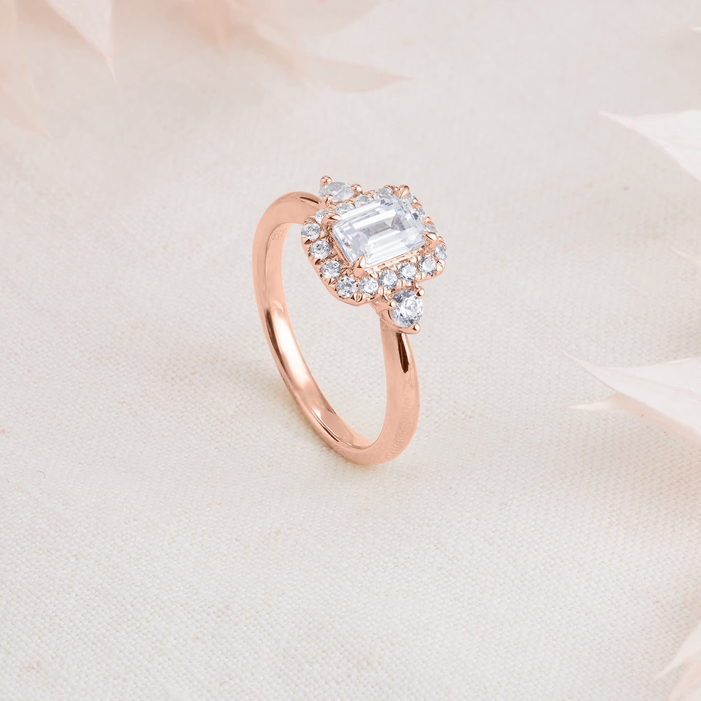 18K Rose Gold Emerald Cut Diamond Halo Engagement Ring 1.19tdw