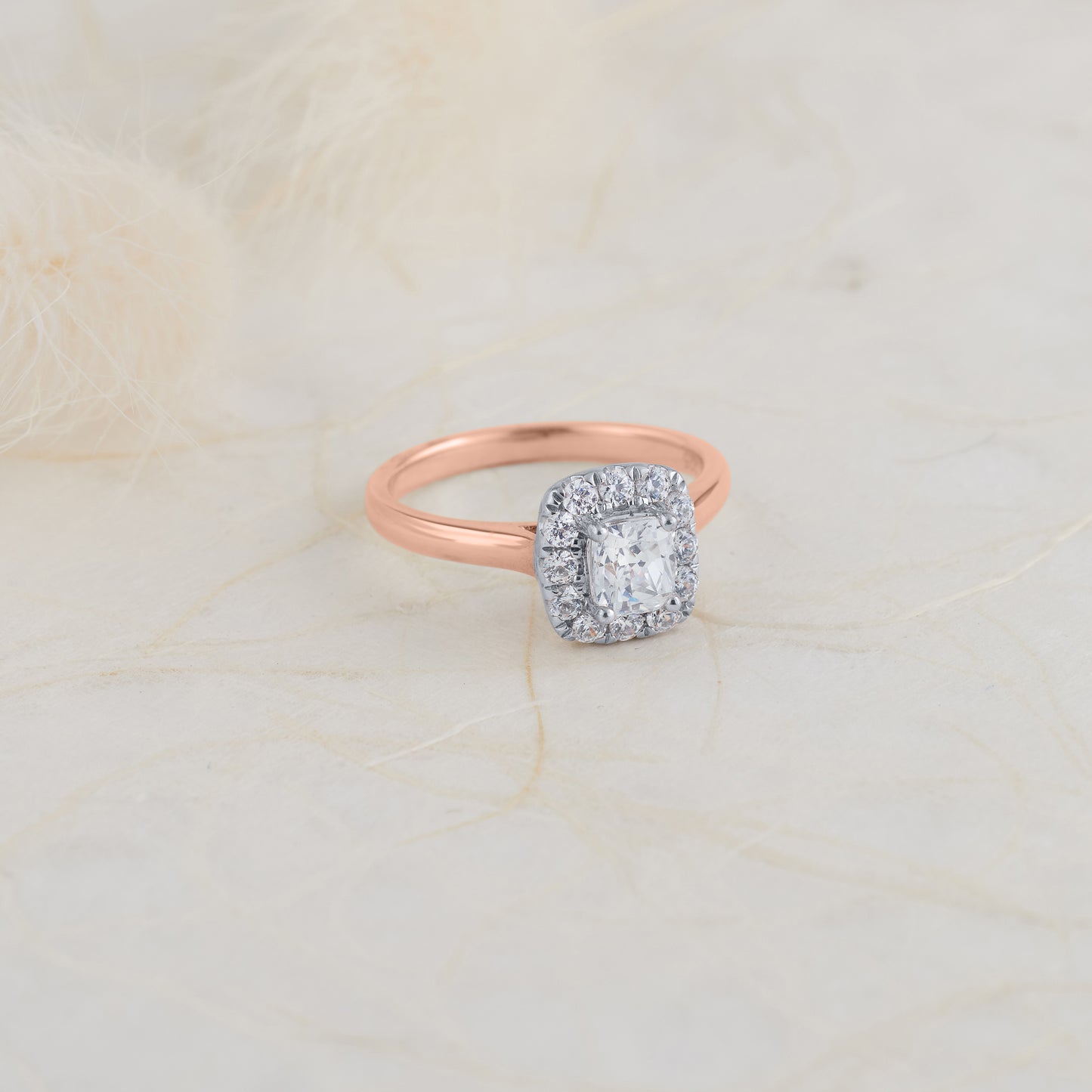 18K Rose and White Gold Cushion Diamond Halo Engagement Ring 1.1tdw