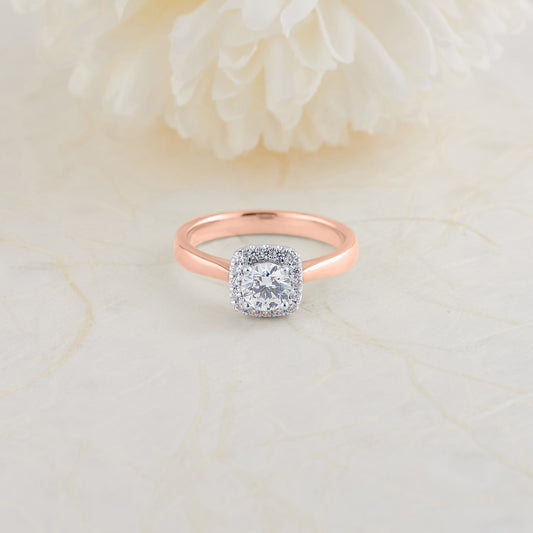 18K Rose and White Gold Round Brilliant Diamond Halo Engagement Ring 0.73tdw