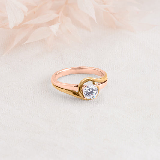 18K Yellow and Rose Gold Round Brilliant Diamond Solitaire Swirl Engagement Ring 0.65tdw