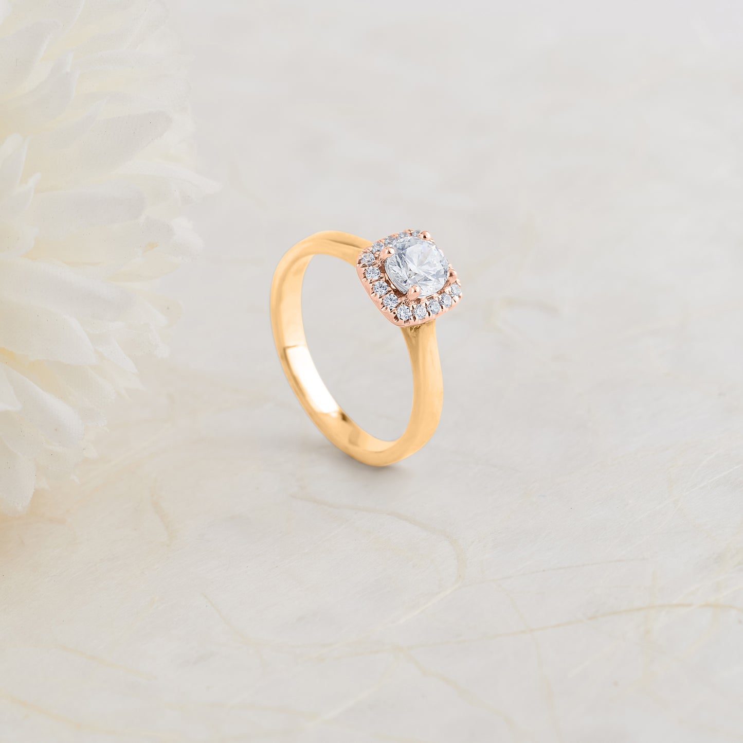 18K Yellow and Rose Gold Round Brilliant Diamond Halo Engagement Ring 0.73tdw