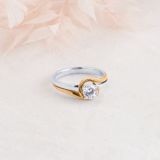 18K Yellow and White Gold Round Brilliant Diamond Solitaire Swirl Engagement Ring 0.65tdw