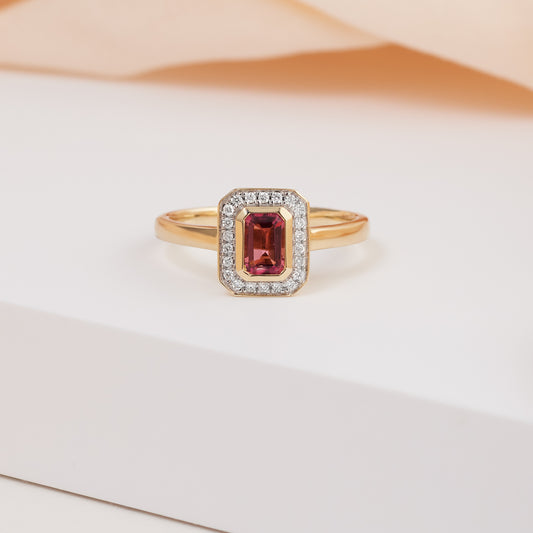 9K Yellow Gold Emerald Cut Pink Tourmaline Diamond Halo Ring