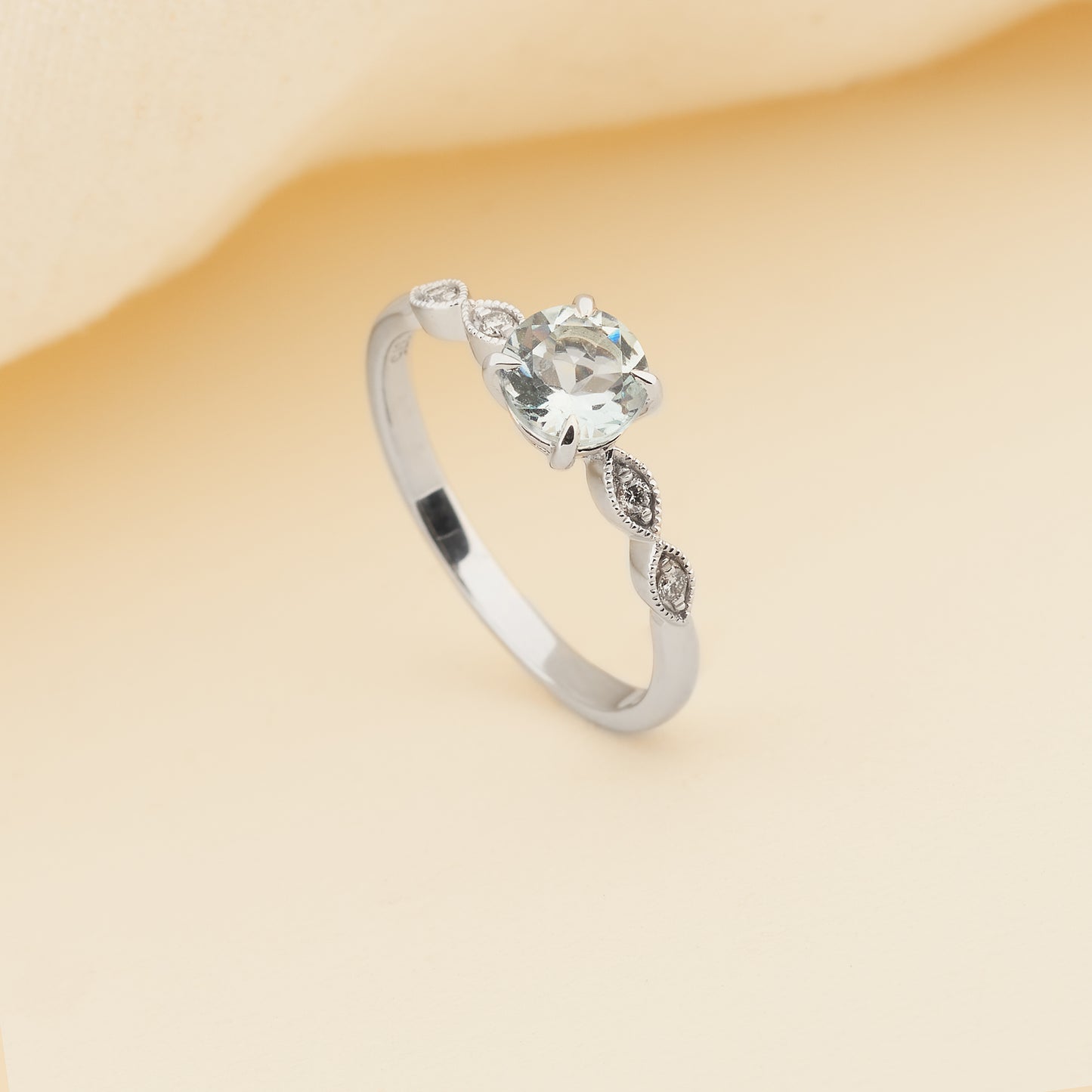 9K White Gold Aquamarine and Marquise Shaped Diamond Ring