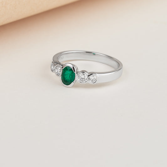 18K White Gold Emerald and Diamond Semi-Bezel Dress Ring 0.33tdw