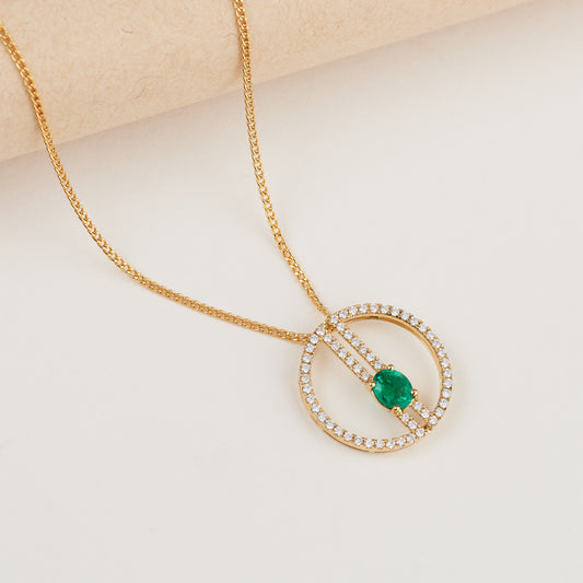 18K Yellow Gold Emerald and Diamond Circle Pendant