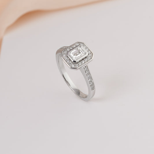 18K White Gold Bezel Set Emerald Cut Diamond Halo Engagement Ring 0.75tdw
