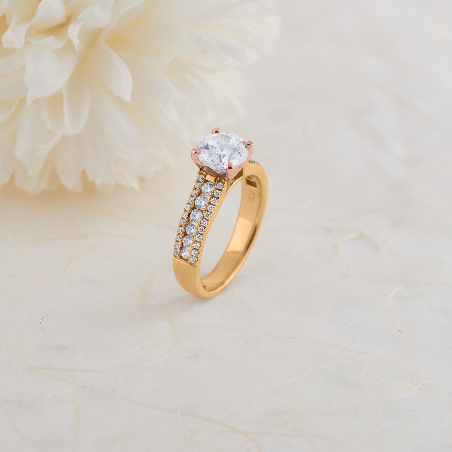 18K Yellow and Rose Gold Round Brilliant Diamond Solitaire with Accent Shoulders Engagement Ring 2.0tdw