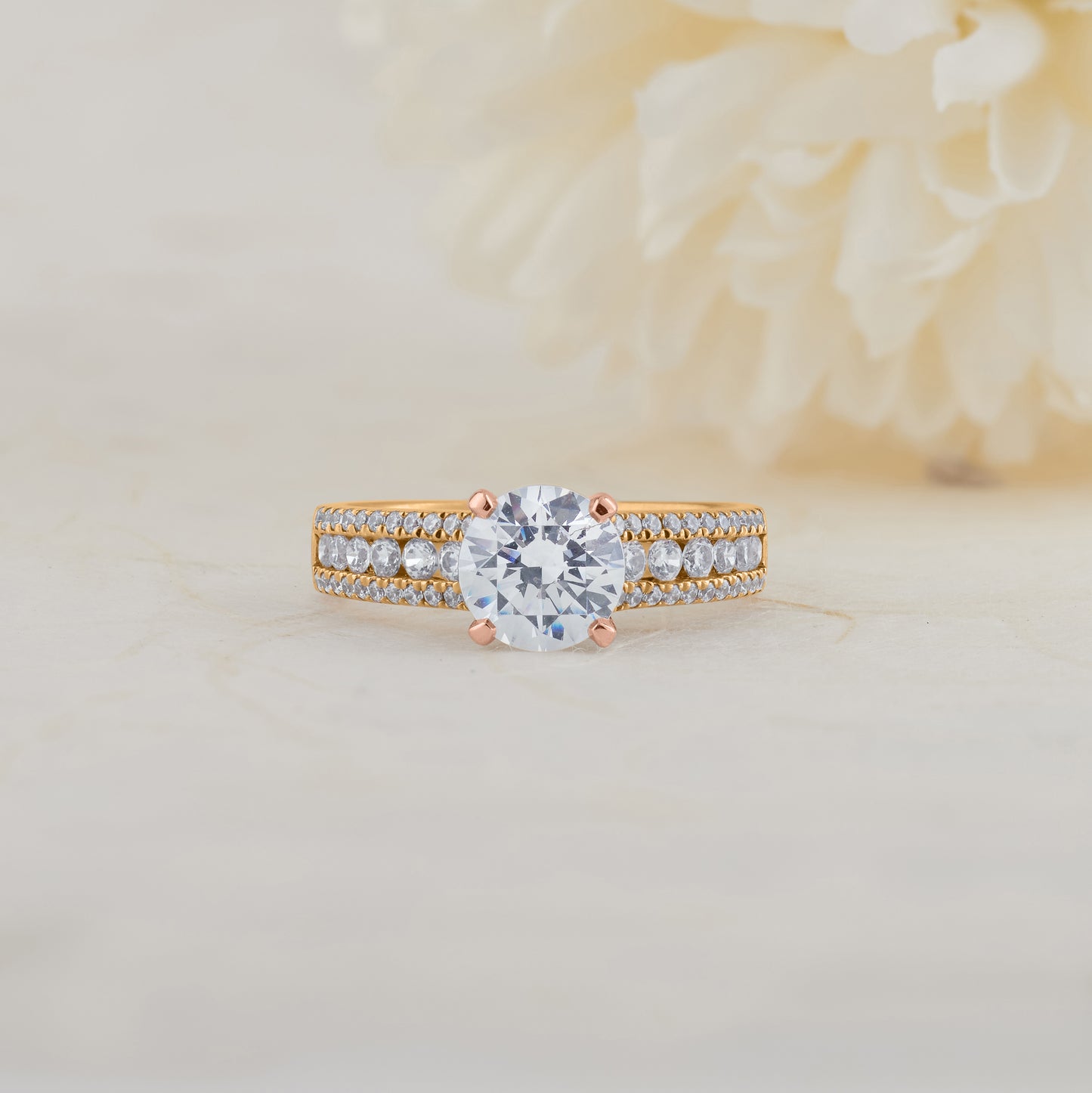 18K Yellow and Rose Gold Round Brilliant Diamond Solitaire with Accent Shoulders Engagement Ring 2.0tdw