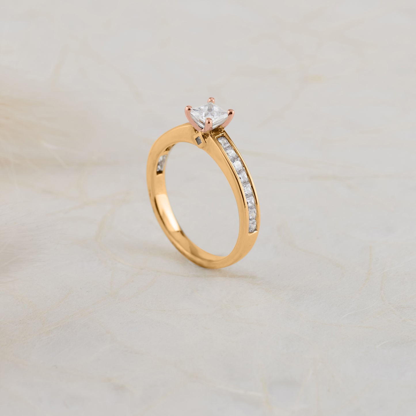 18K Yellow and Rose Gold Princess Cut Diamond Solitaire with Shoulder Accents Engagement Ring 1.0tdw