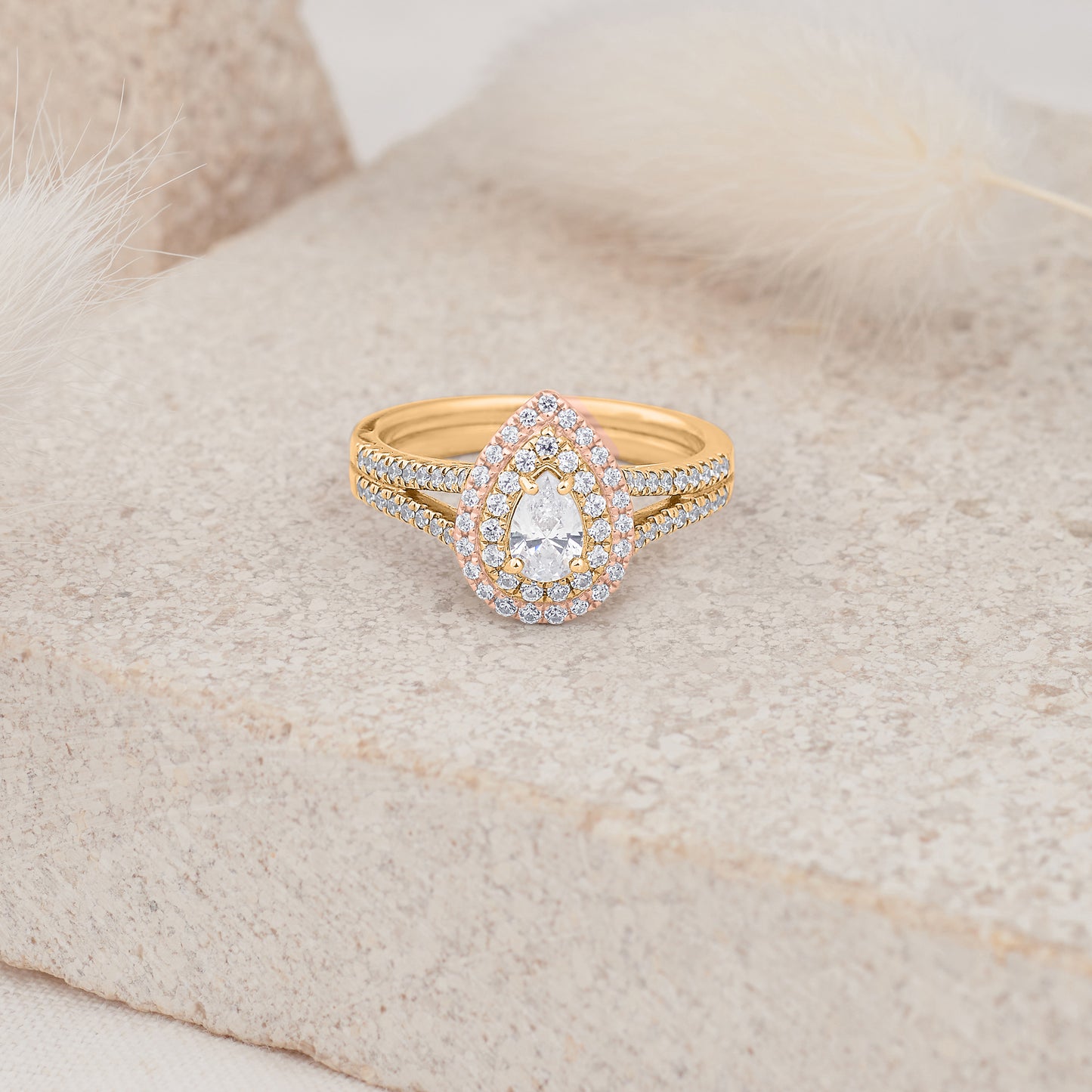 18K Yellow and Rose Gold Pear Diamond Double Halo Engagement Ring 1.0tdw