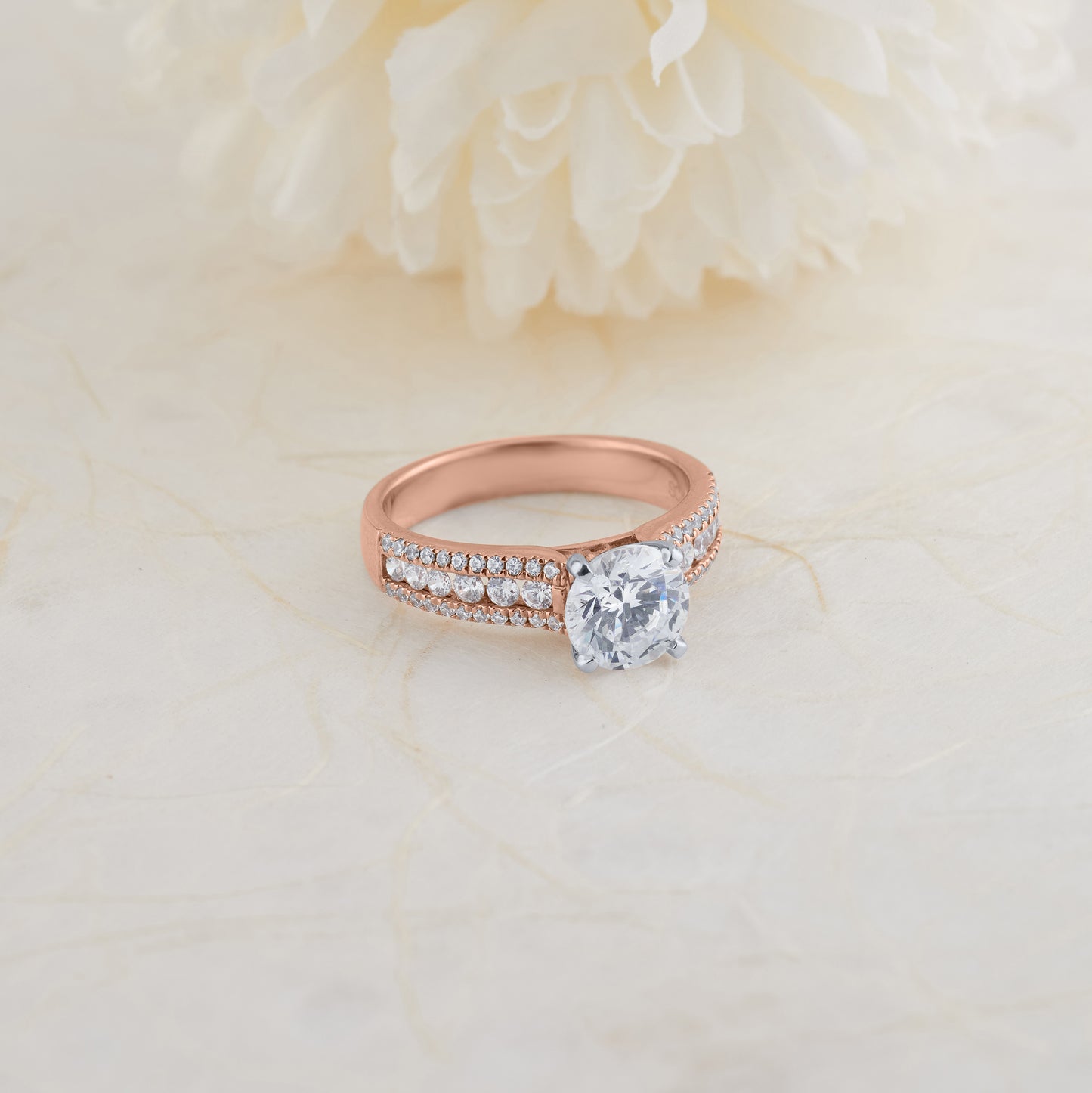 18K Rose Gold and Platinum Round Brilliant Diamond Solitaire with Accent Shoulders Engagement Ring 2.0tdw