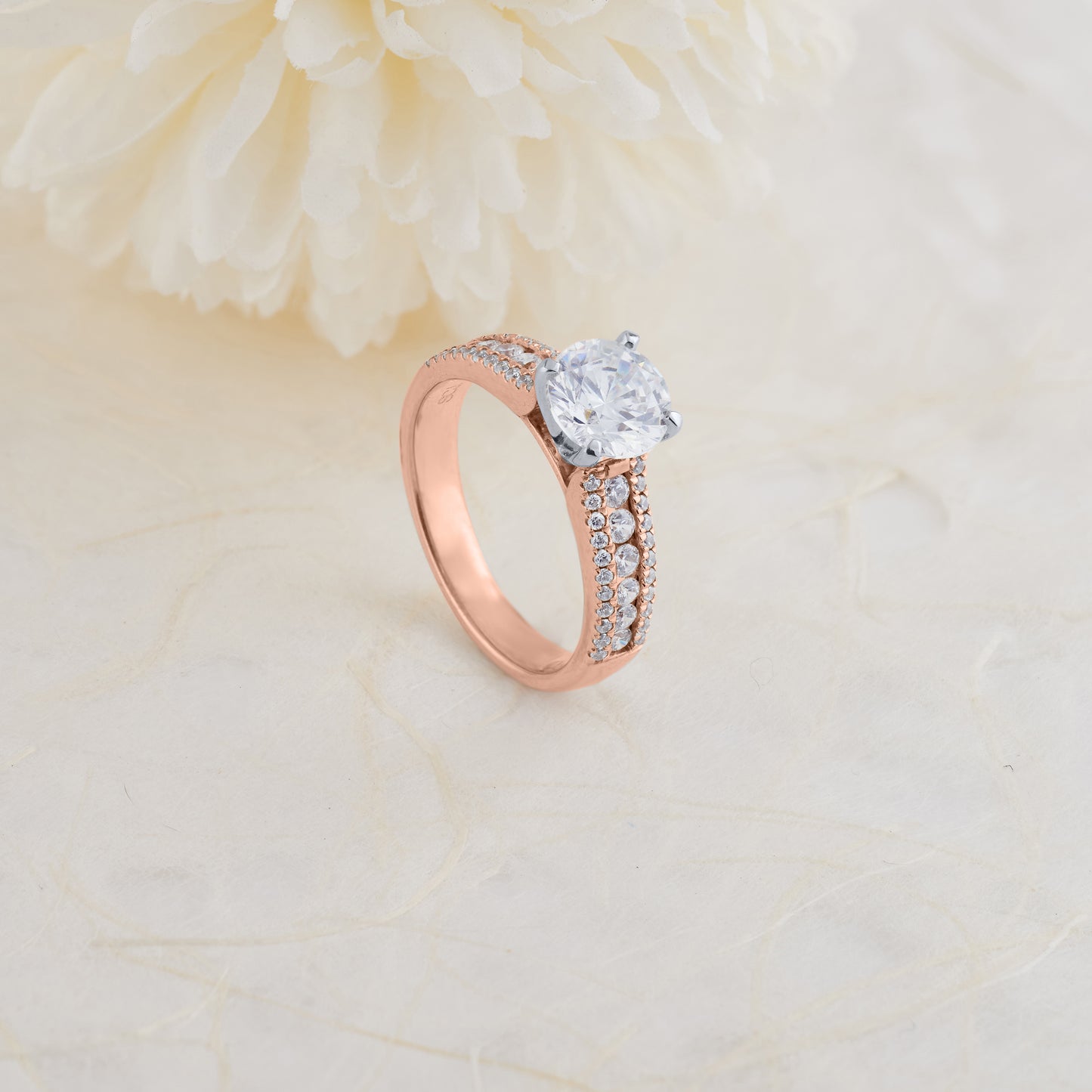 18K Rose Gold and Platinum Round Brilliant Diamond Solitaire with Accent Shoulders Engagement Ring 2.0tdw