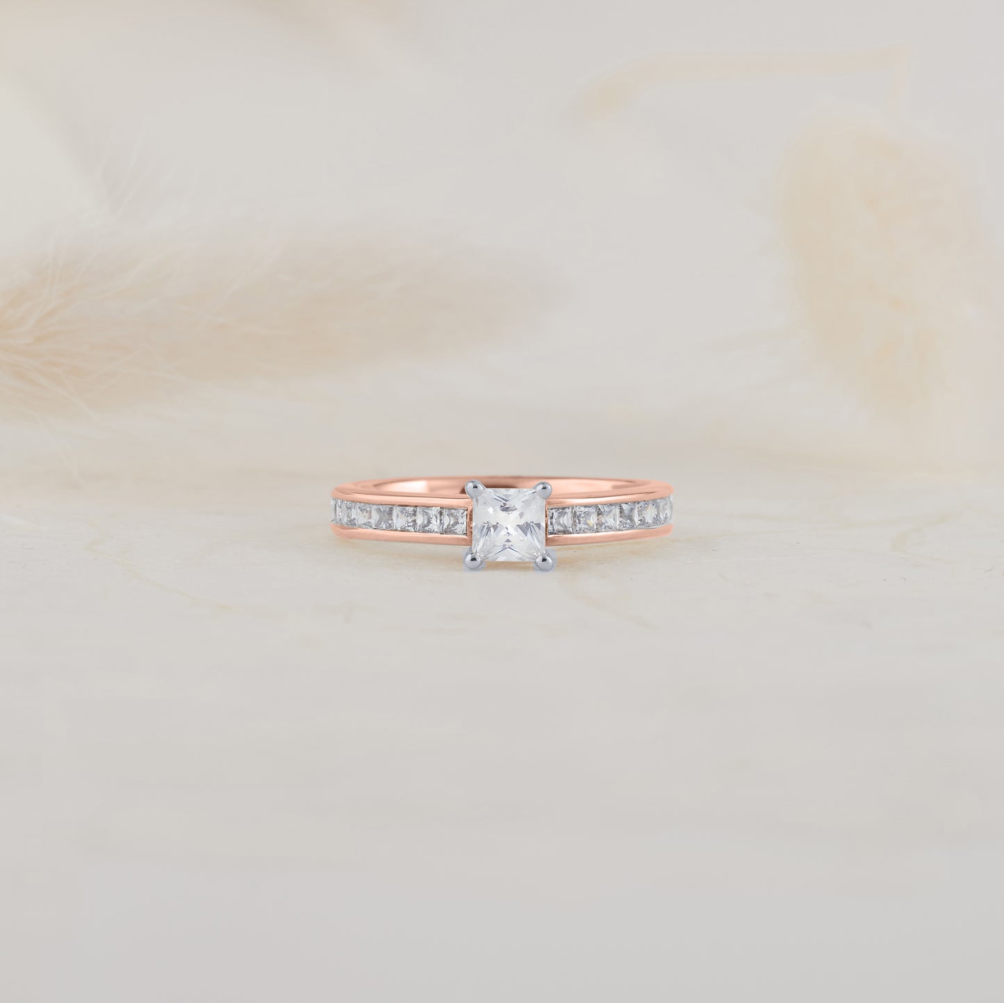 18K Rose Gold and Platinum Princess Cut Diamond Solitaire with Shoulder Accents Engagement Ring 1.0tdw