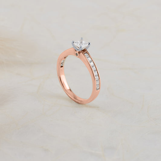 18K Rose Gold and Platinum Princess Cut Diamond Solitaire with Shoulder Accents Engagement Ring 1.0tdw