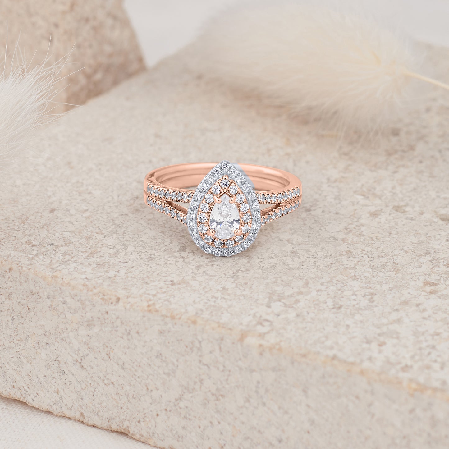 18K Rose Gold and Platinum Pear Diamond Double Halo Engagement Ring 1.0tdw
