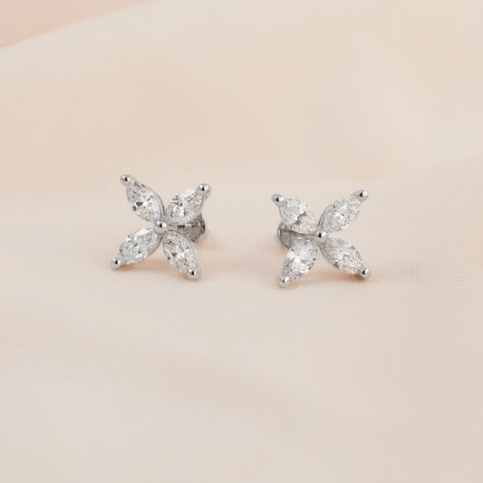 18K White Gold Marquise Diamond Flower Stud Earrings 1.5tdw