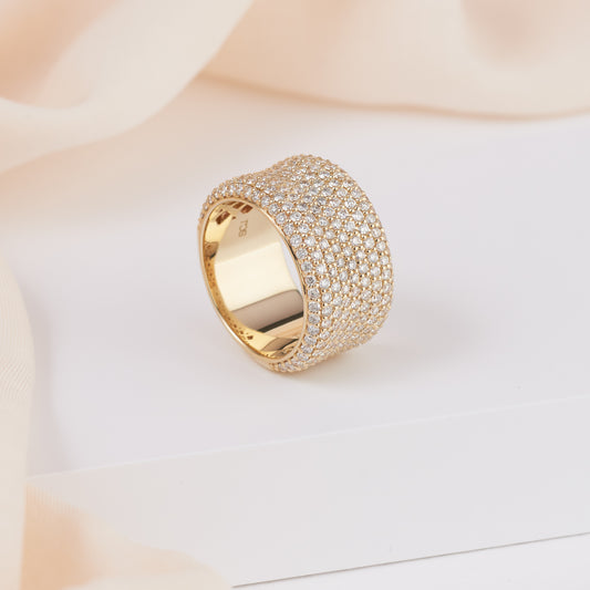 9K Yellow Gold Pave Diamond Barrel Dress Ring 2.5tdw