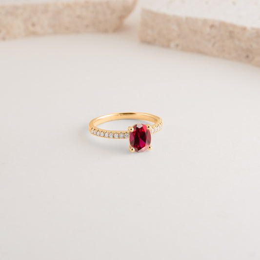 9K Yellow Gold Four Claw Oval Created Ruby and Diamond Dress Ring