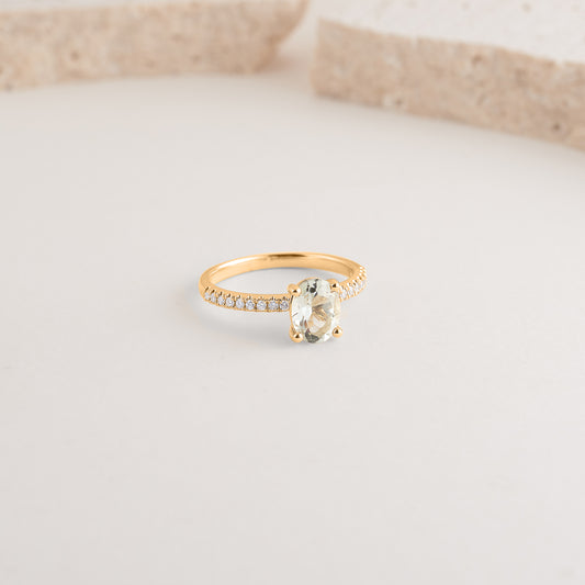 9K Yellow Gold Oval Green Amethyst and Diamond Dress Ring