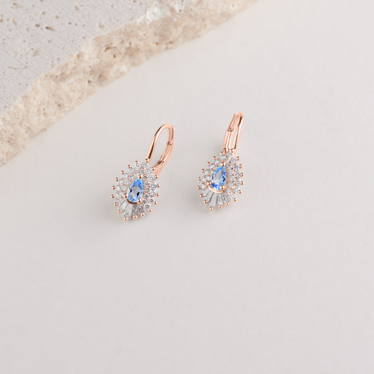 9K Rose Gold Pear London Blue Topaz and Diamond Vintage Earrings 0.55tdw