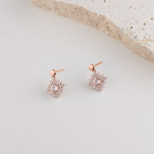 9K Rose Gold Morganite and Diamond Halo Vintage Drop Earrings 0.37tdw