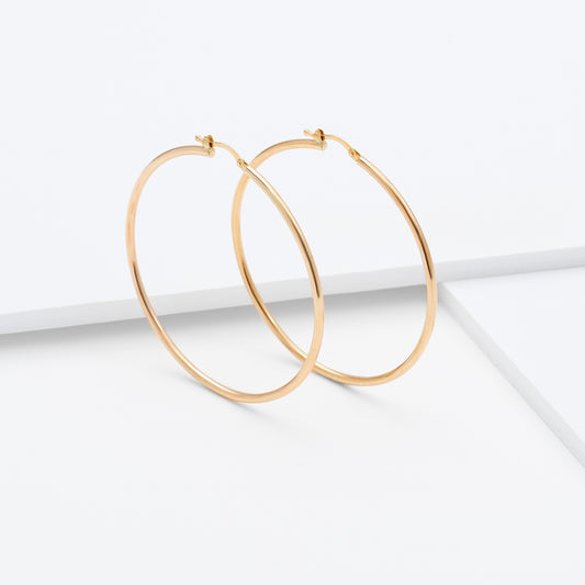 9K Yellow Gold 50mm Round Hoop Earrings 2mm Wide