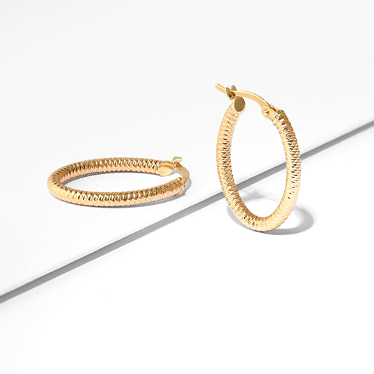 9K Yellow Gold Patterned Oval Hoop Earrings 20mm