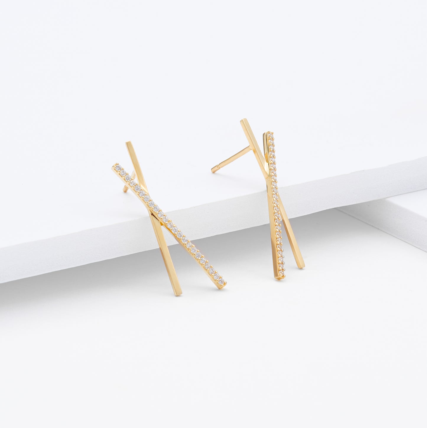 9K Yellow Gold Zirconia Long Bar Stud Earrings