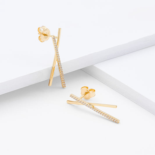 9K Yellow Gold Zirconia Long Bar Stud Earrings