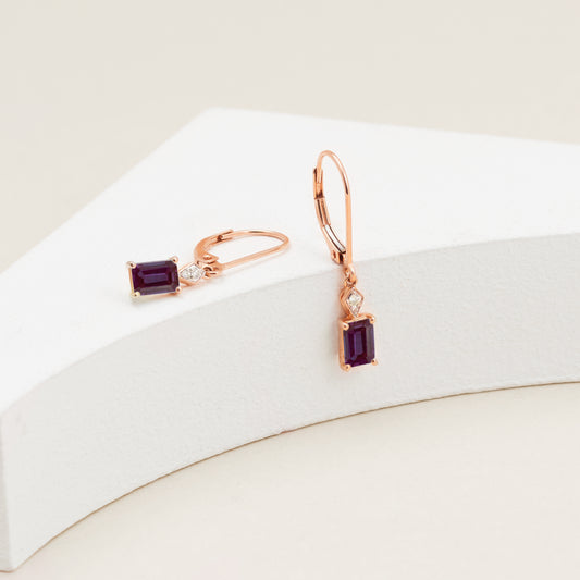 9K Rose Gold Emerald Cut Created Alexandrite Diamond Accent Drop Earrings