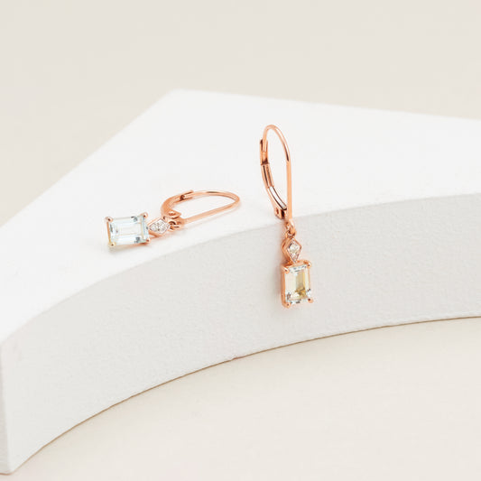 9K Rose Gold Emerald Cut Aquamarine Diamond Accent Drop Earrings